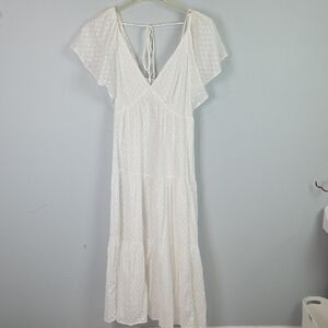 Madewell White Swiss Dot Cotton Flutter Sleeve Tiered Midi smocked Dress size 10